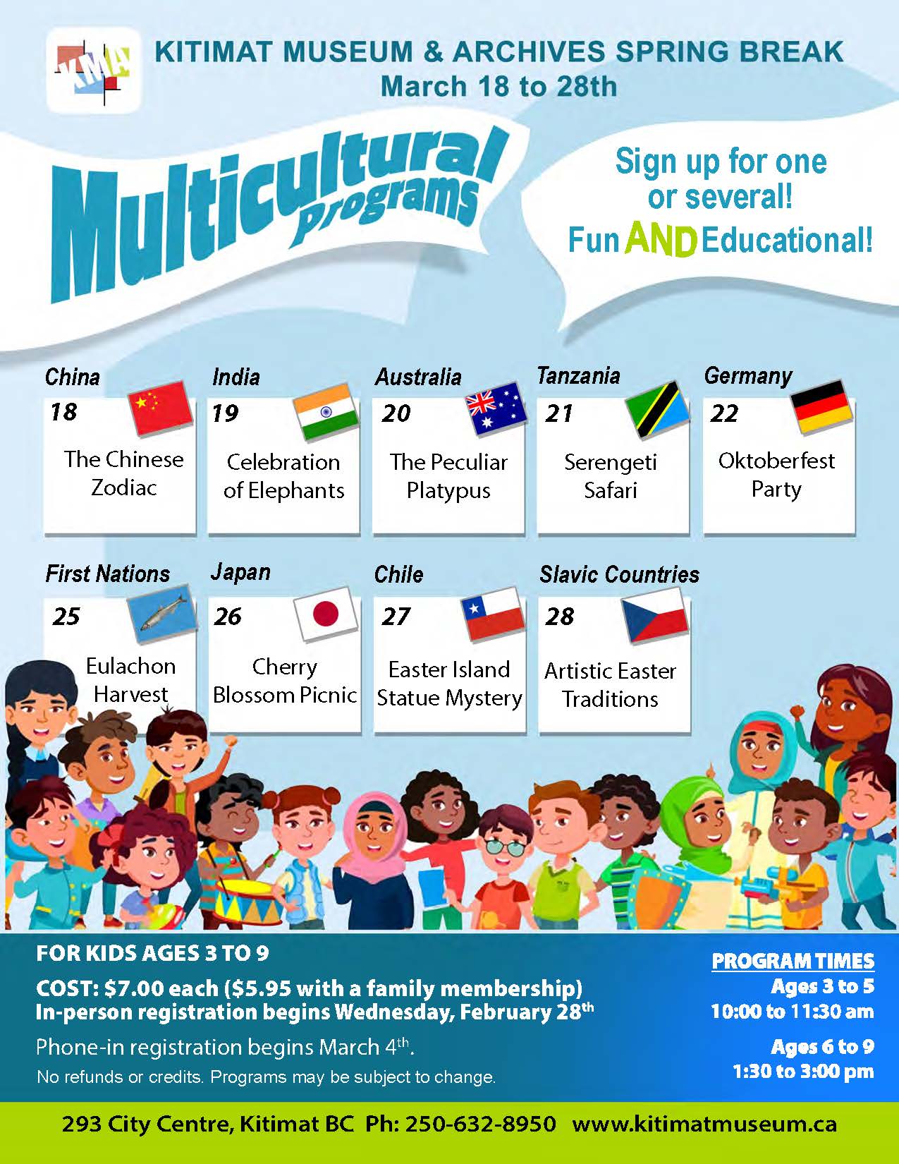 Bright coloured clipart of multicultural kids looking up at calendar blocks with program descriptions with a blue cloudy background.